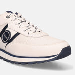 White leather comfort sneakers by bugatti, with navy accents, a mesh vamp, and patterned laces.
