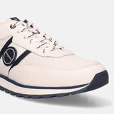 White leather comfort sneakers by bugatti, with navy accents, a mesh vamp, and patterned laces.