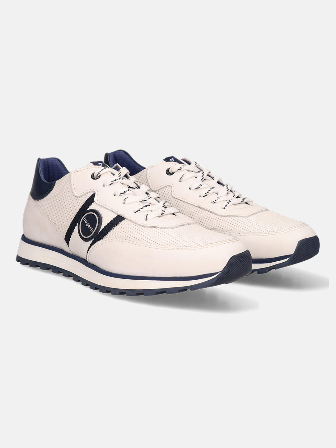White leather comfort sneakers by bugatti, with navy accents on the sole, side stripes, and heel.
