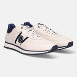 White leather comfort sneakers by bugatti, with navy accents on the sole, side stripes, and heel.