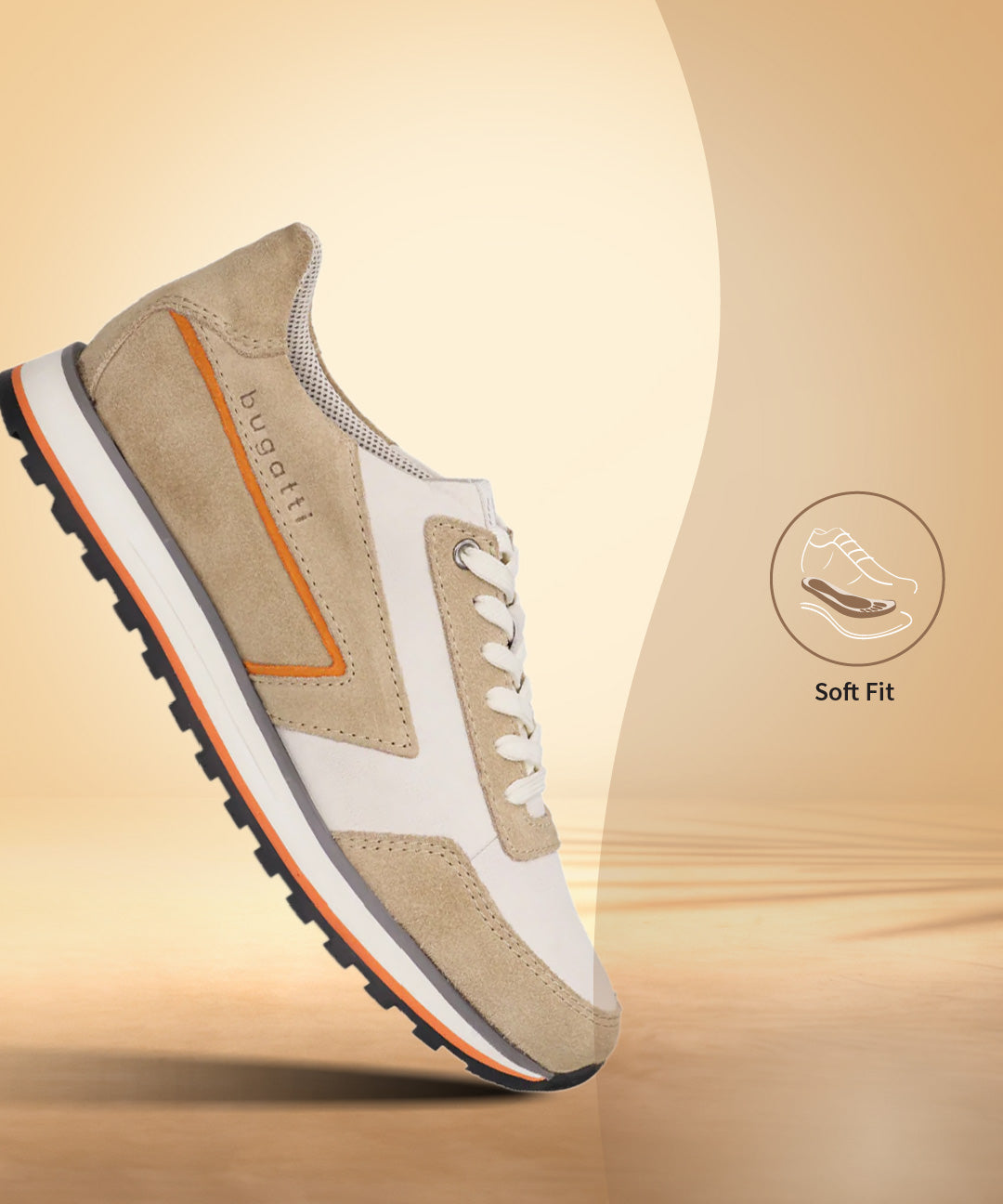 Sand-colored leather comfort sneakers by bugatti, shown in a side view with orange and grey accents.