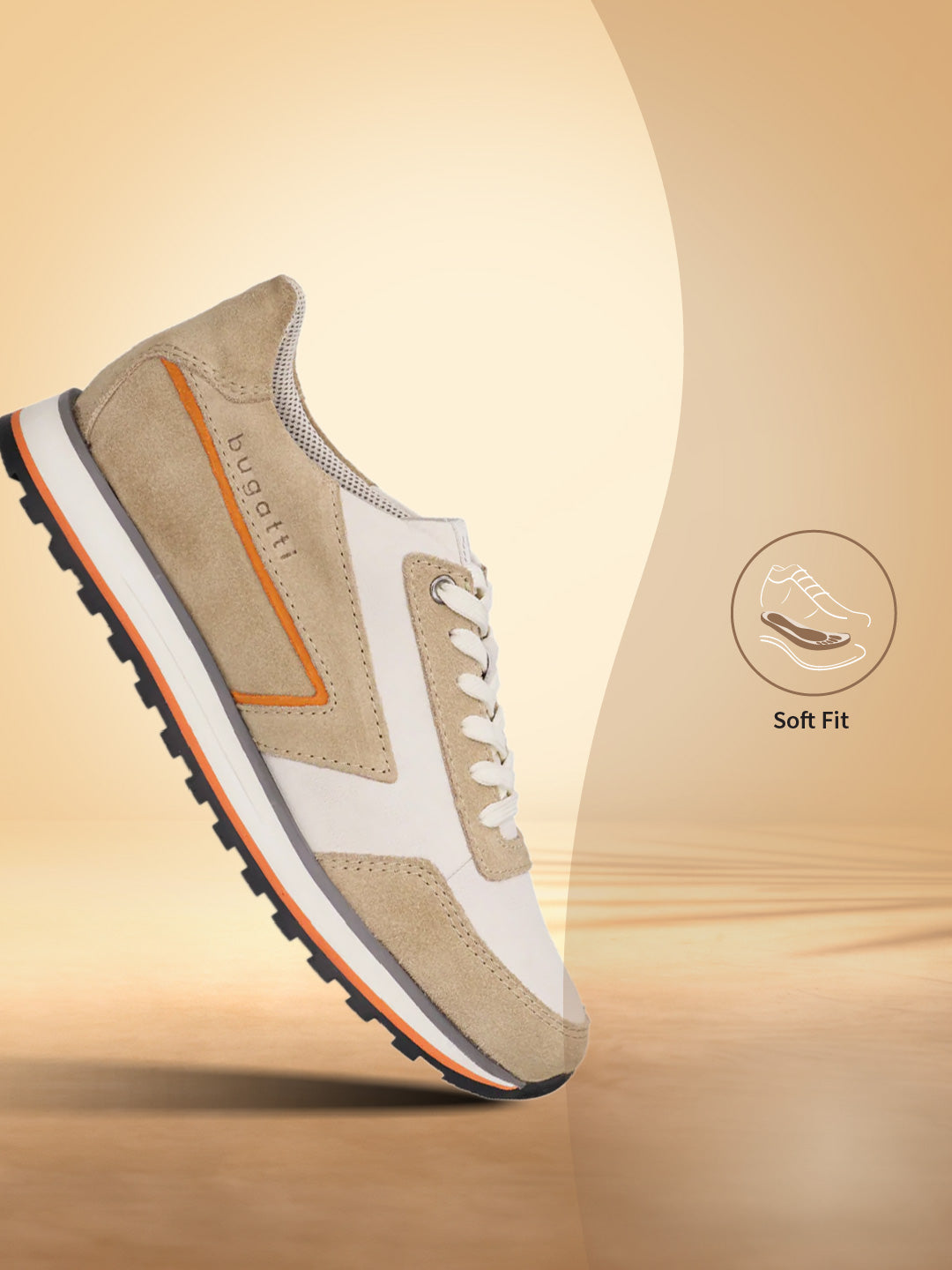 Sand-colored leather comfort sneakers by bugatti, shown in a side view with orange and grey accents.
