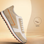 Sand-colored leather comfort sneakers by bugatti, shown in a side view with orange and grey accents.