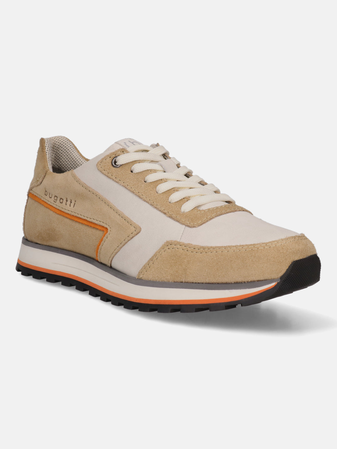 Sand-colored leather comfort sneakers by bugatti with suede accents and orange detailing on the sole.