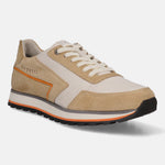 Sand-colored leather comfort sneakers by bugatti with suede accents and orange detailing on the sole.