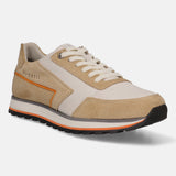 Sand-colored leather comfort sneakers by bugatti with suede accents and orange detailing on the sole.