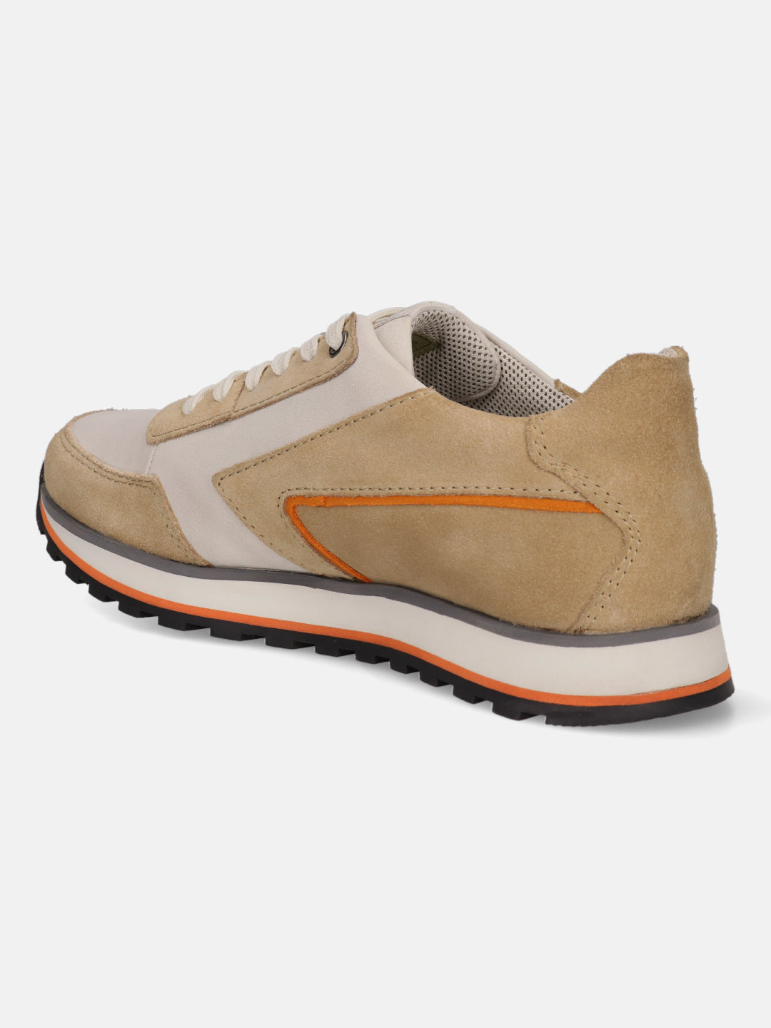 Sand premium leather comfort sneakers by bugatti, with orange accent stripe, set on a textured black outsole, from a back angle view.