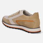 Sand premium leather comfort sneakers by bugatti, with orange accent stripe, set on a textured black outsole, from a back angle view.