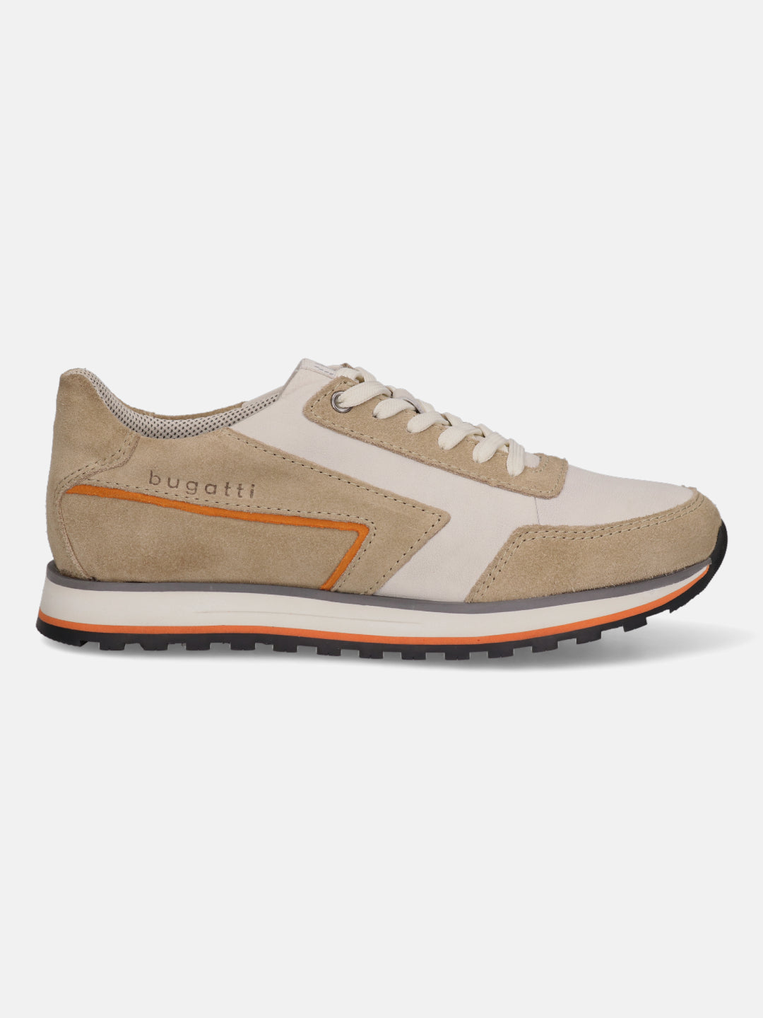 Sand-colored leather comfort sneakers by bugatti with orange accents and white laces in a side view.