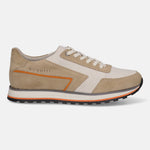Sand-colored leather comfort sneakers by bugatti with orange accents and white laces in a side view.