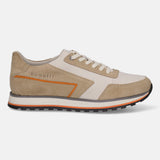 Sand-colored leather comfort sneakers by bugatti with orange accents and white laces in a side view.