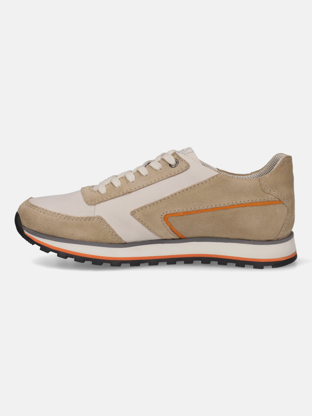 Beige leather sneaker by bugatti, featuring suede detailing, and a striped sole.