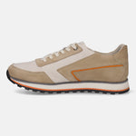 Beige leather sneaker by bugatti, featuring suede detailing, and a striped sole.