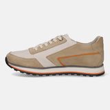 Beige leather sneaker by bugatti, featuring suede detailing, and a striped sole.