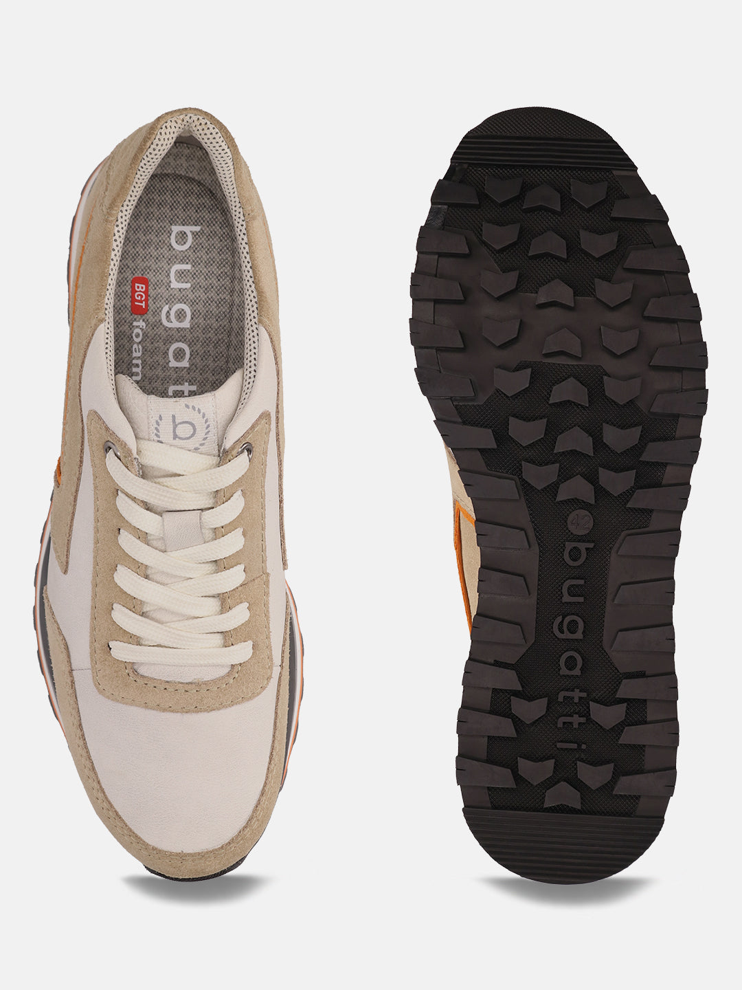 Sand premium leather sneakers by bugatti with white laces, suede accents, and lug soles.