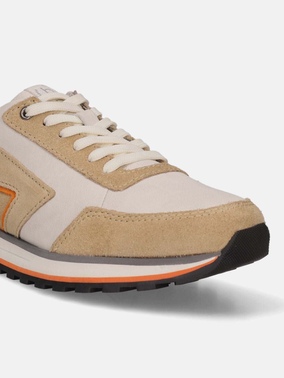 Sand premium leather comfort sneaker by bugatti featuring suede trim and striped sole.
