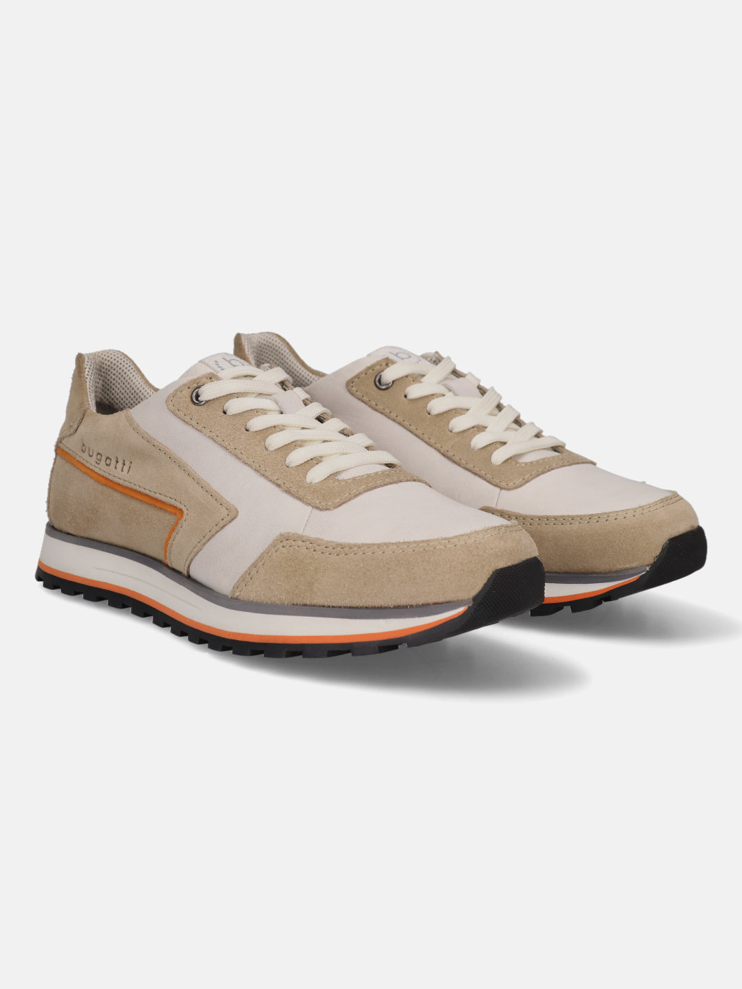Beige comfort sneakers by Bugatti, with sand suede trim, and an orange accent stripe on the sole.
