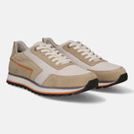 Beige comfort sneakers by Bugatti, with sand suede trim, and an orange accent stripe on the sole.
