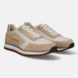 Beige comfort sneakers by Bugatti, with sand suede trim, and an orange accent stripe on the sole.
