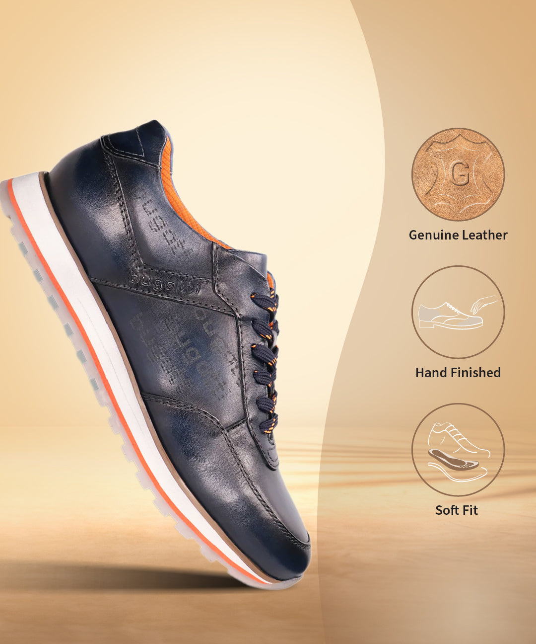 Dark blue leather comfort sneaker by bugatti with orange trim accents, standing on a reflective surface in side view.