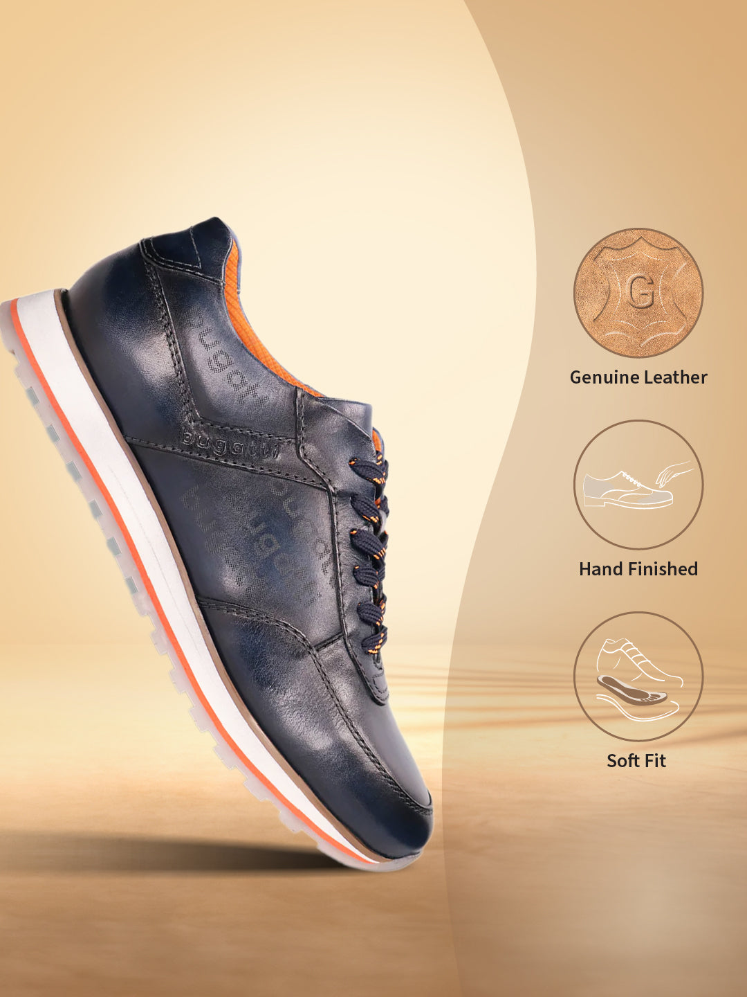 Dark blue leather comfort sneaker by bugatti with orange trim accents, standing on a reflective surface in side view.