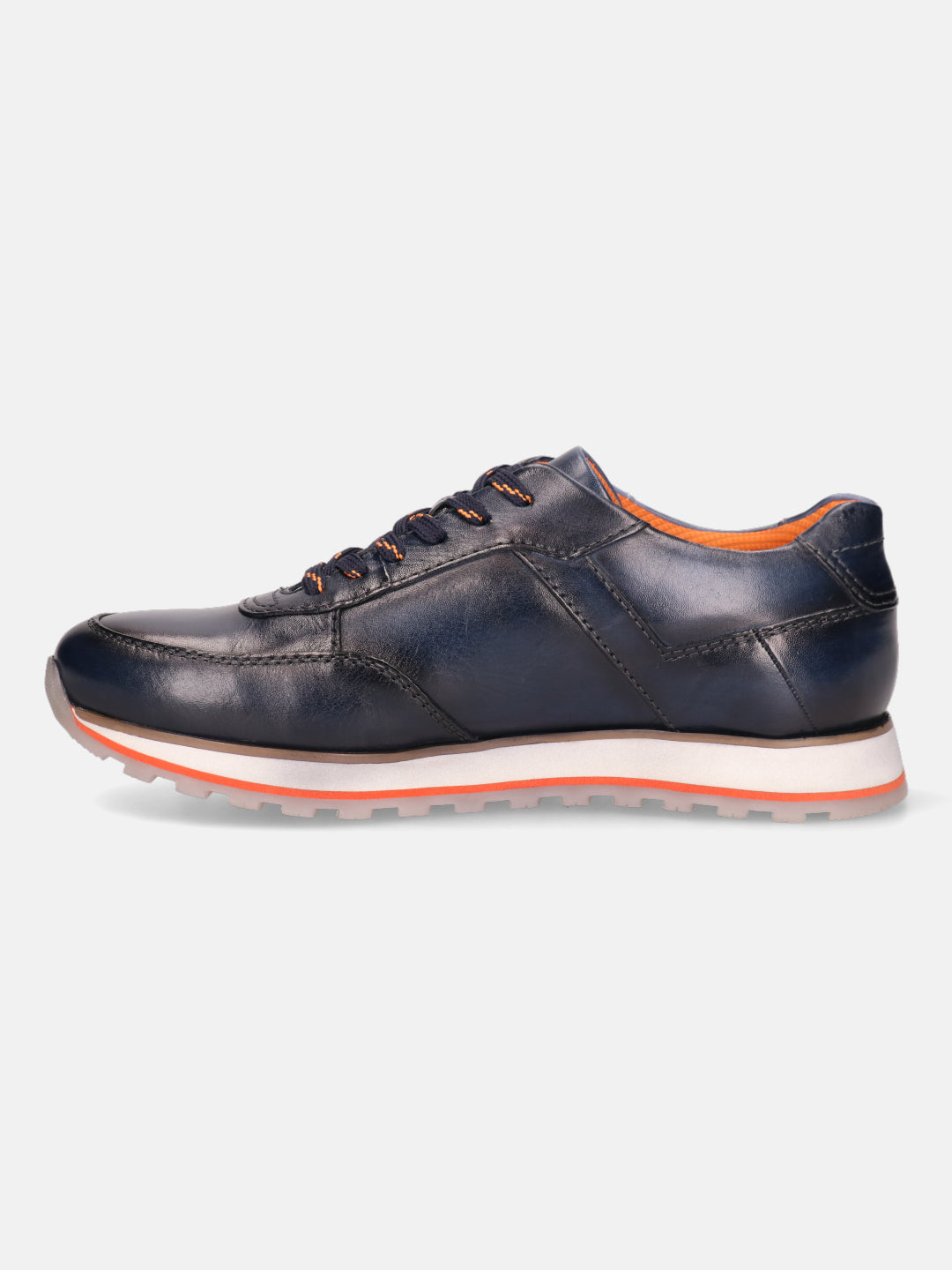Dark blue leather sneaker by bugatti with orange accents on the laces and lining.