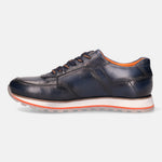 Dark blue leather sneaker by bugatti with orange accents on the laces and lining.