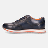 Dark blue leather sneaker by bugatti with orange accents on the laces and lining.