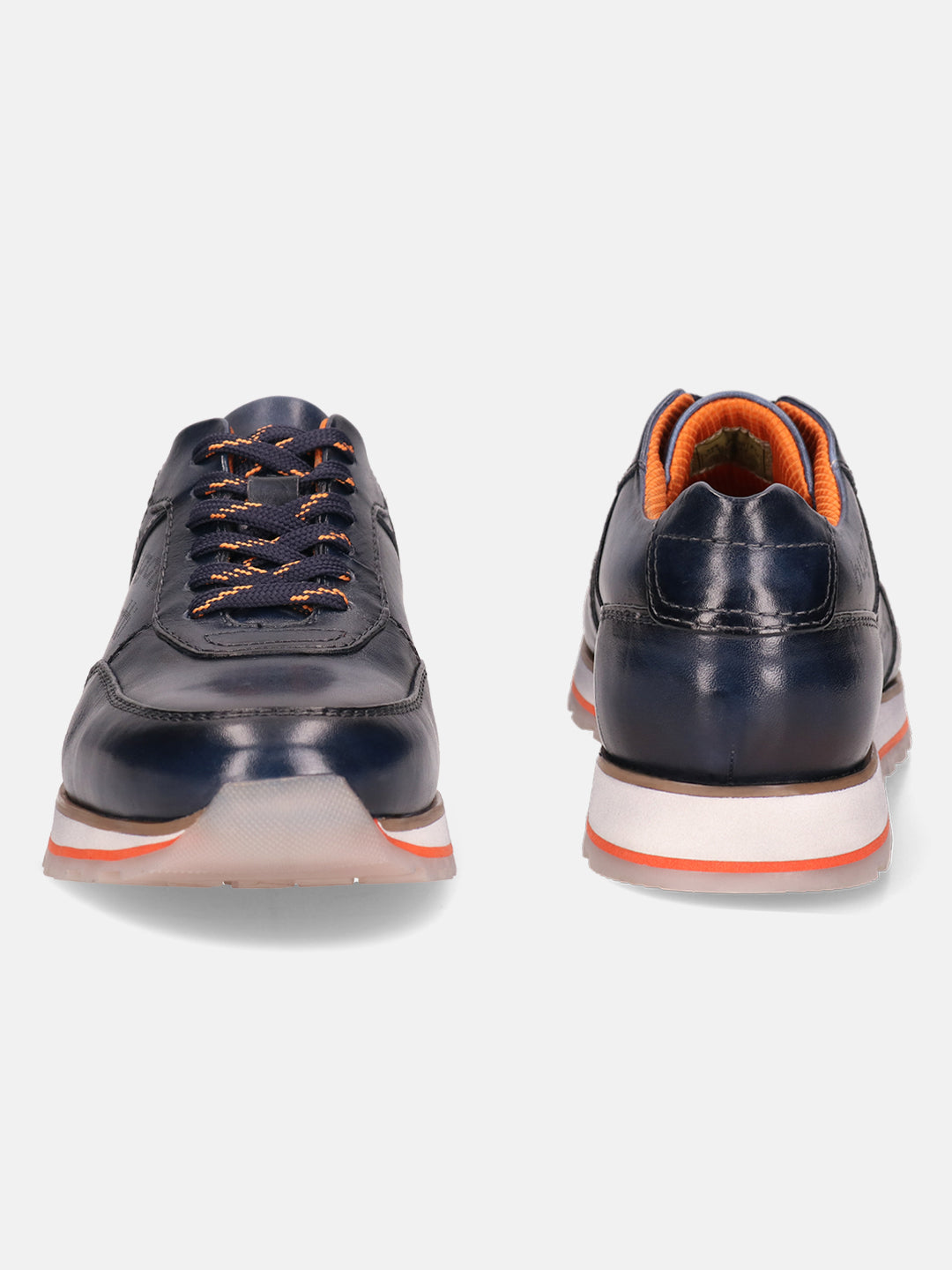 Dark blue leather sneakers by bugatti with orange shoelaces and orange accents.