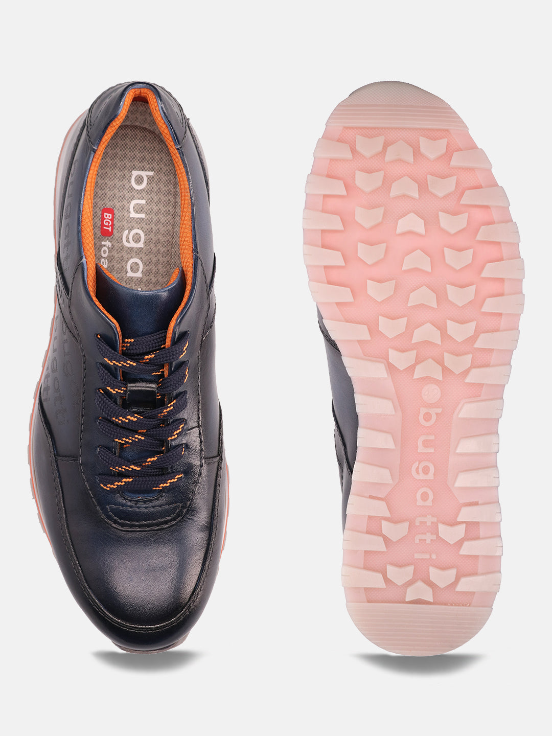 Dark blue leather sneakers by bugatti, showcasing orange accents and laces, along with patterned pink and white soles.