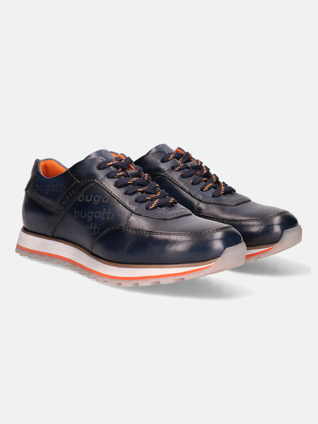 Dark blue leather sneakers by bugatti, featuring orange accents and patterned laces.