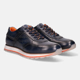 Dark blue leather sneakers by bugatti, featuring orange accents and patterned laces.
