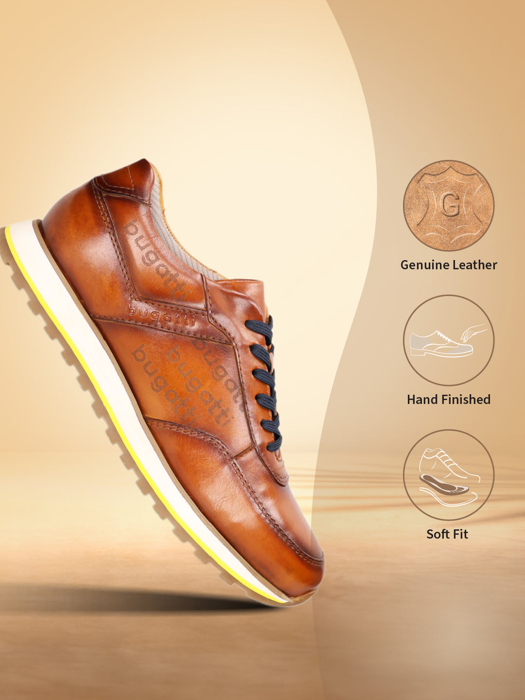 A cognac Men's bugatti Sneakers featuring a round  plain toe, zero heels heel. Made from premium genuine leather with a durable eva outsole, this laces design offers both style and comfort.