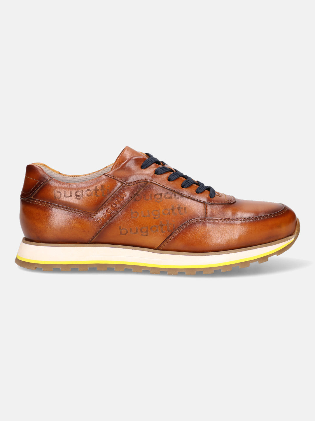 A cognac Men's bugatti Sneakers featuring a round  plain toe, zero heels heel. Made from premium genuine leather with a durable eva outsole, this laces design offers both style and comfort.