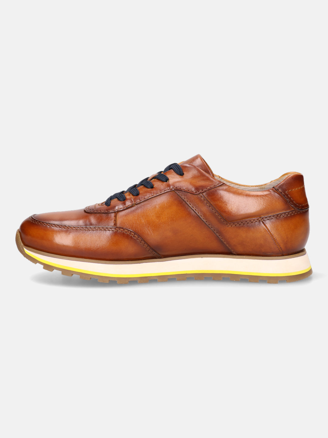A cognac Men's bugatti Sneakers featuring a round  plain toe, zero heels heel. Made from premium genuine leather with a durable eva outsole, this laces design offers both style and comfort.