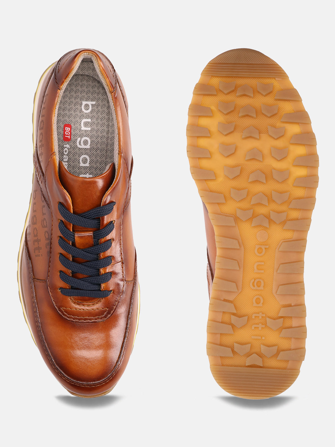 A cognac Men's bugatti Sneakers featuring a round  plain toe, zero heels heel. Made from premium genuine leather with a durable eva outsole, this laces design offers both style and comfort.