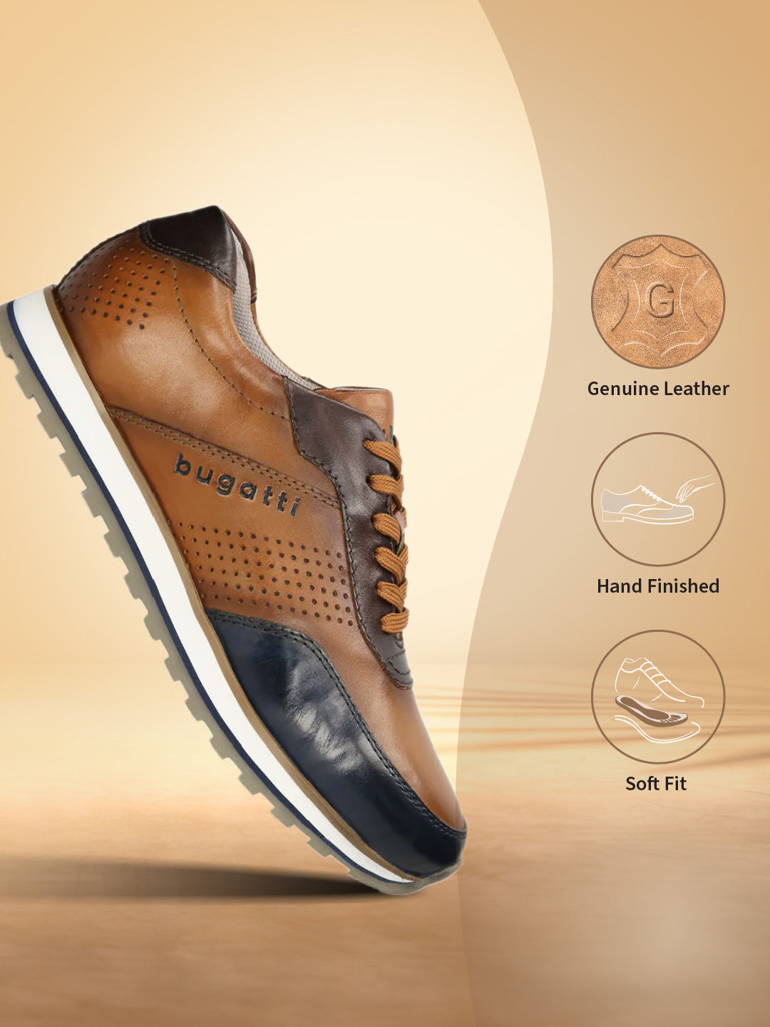A blue Men's bugatti Sneakers featuring a round toe plain toe, zero heels heel. Made from premium genuine leather with a durable eva outsole, this laces design offers both style and comfort.