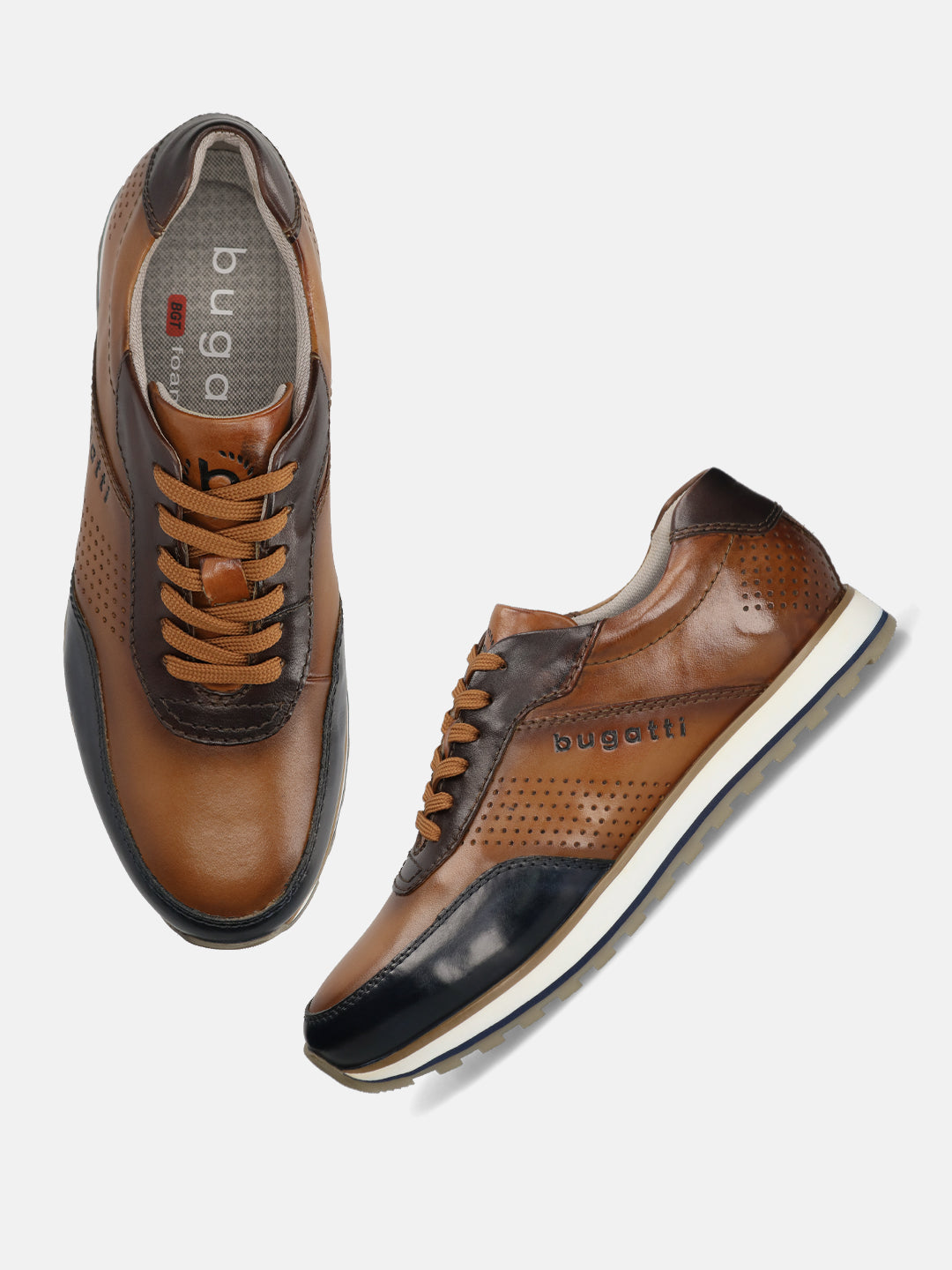 A blue Men's bugatti Sneakers featuring a round toe plain toe, zero heels heel. Made from premium genuine leather with a durable eva outsole, this laces design offers both style and comfort.