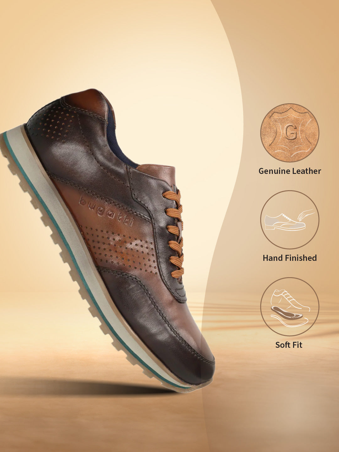 A brown Men's bugatti Sneakers featuring a round toe plain toe, zero heels heel. Made from premium genuine leather with a durable eva outsole, this laces design offers both style and comfort.