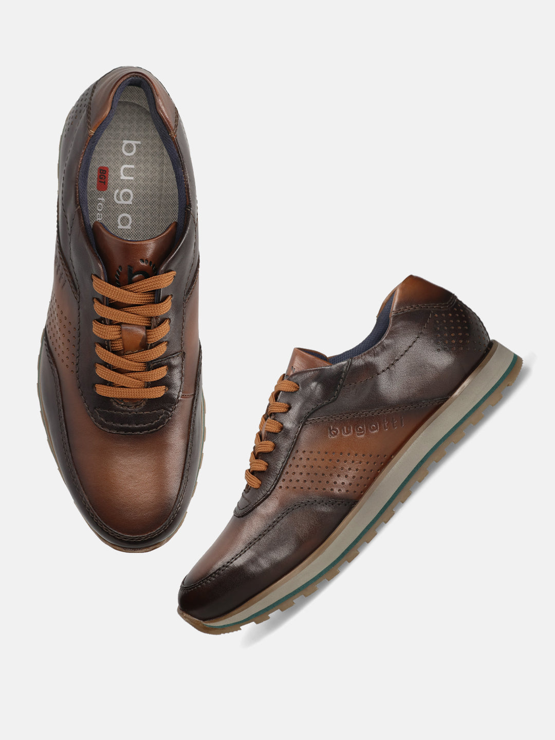 A brown Men's bugatti Sneakers featuring a round toe plain toe, zero heels heel. Made from premium genuine leather with a durable eva outsole, this laces design offers both style and comfort.
