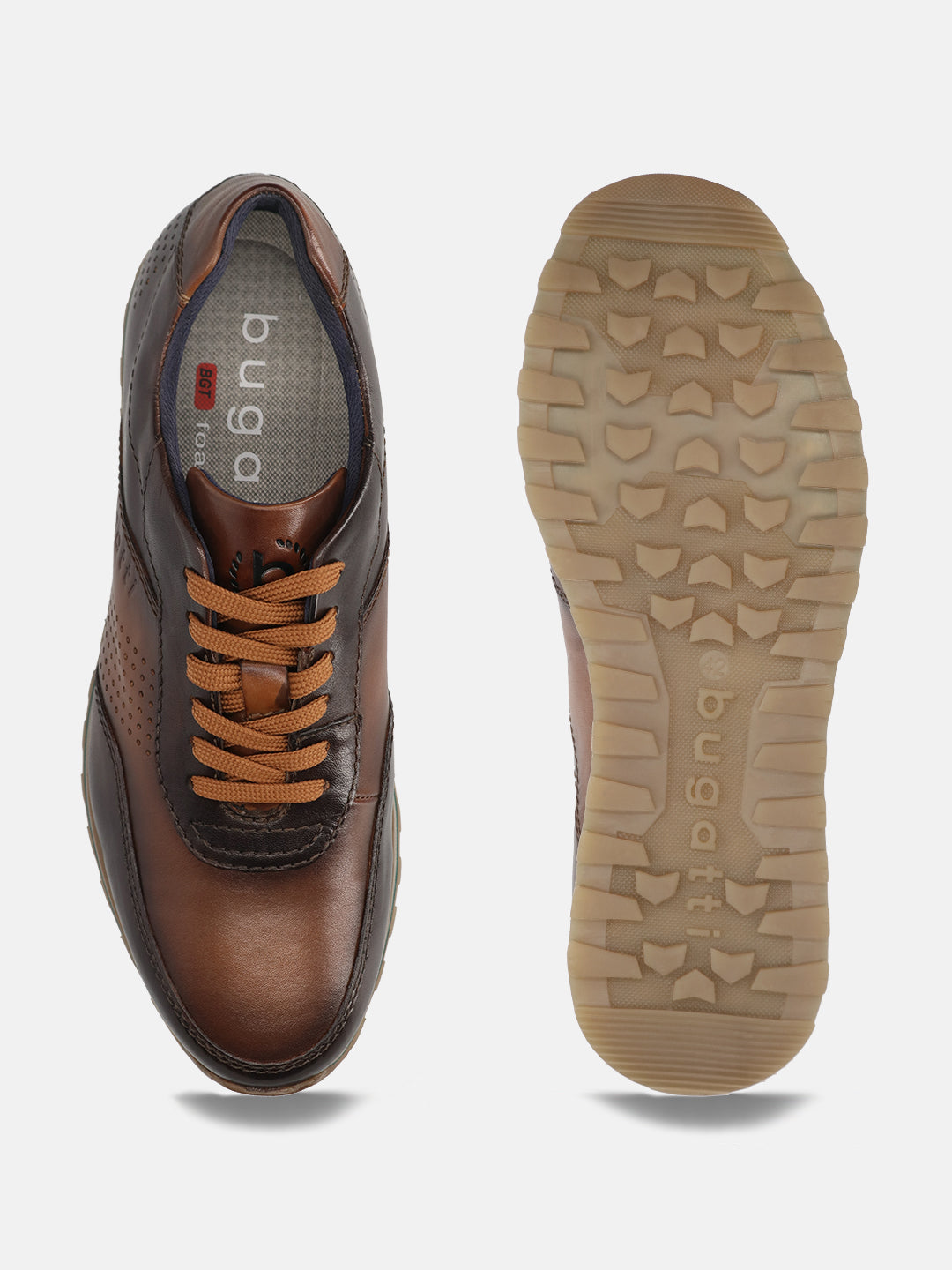 A brown Men's bugatti Sneakers featuring a round toe plain toe, zero heels heel. Made from premium genuine leather with a durable eva outsole, this laces design offers both style and comfort.