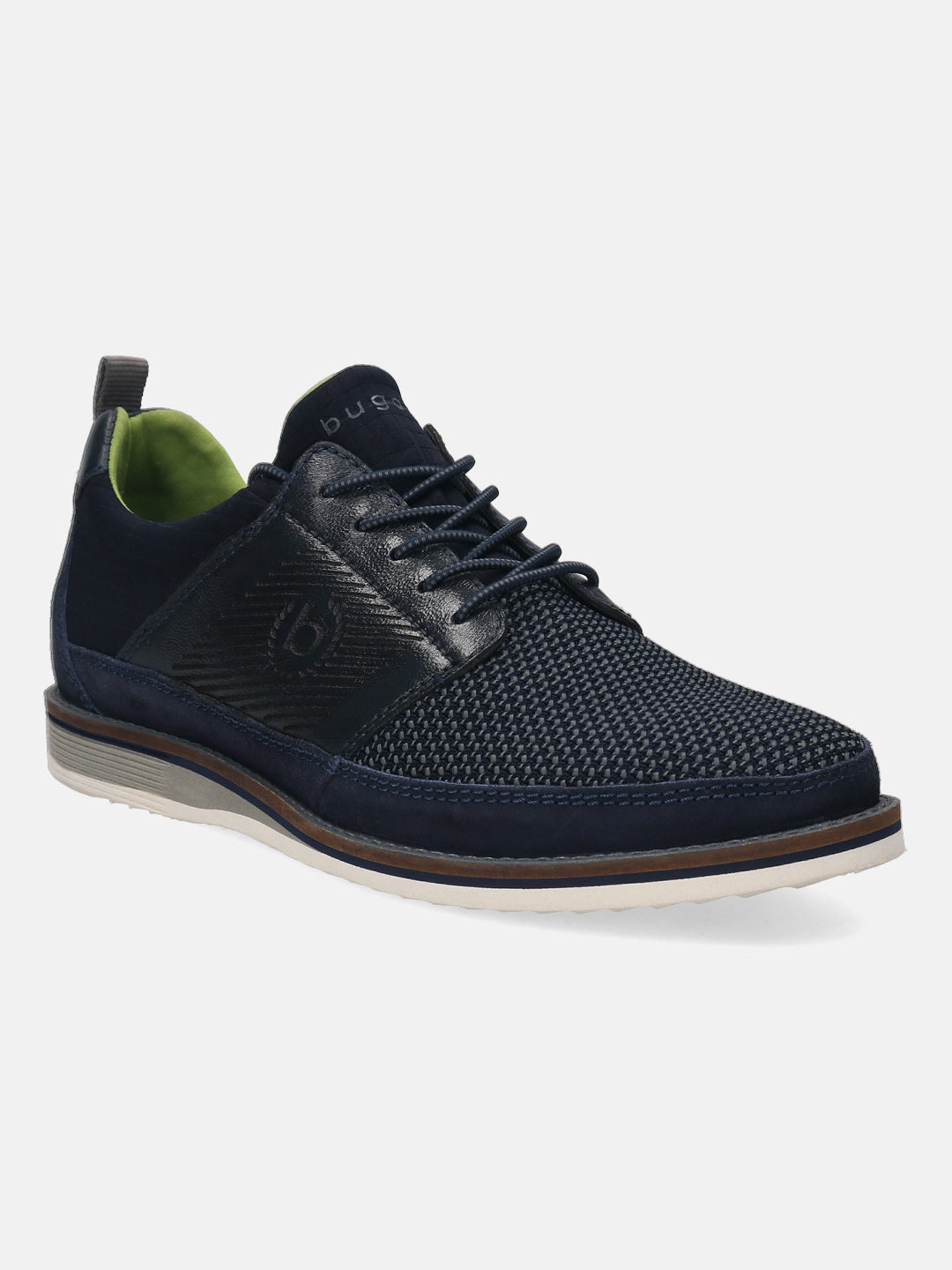 Dark blue casual shoe by bugatti, featuring a textured front, leather details, and a striped sole.