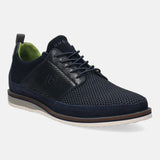 Dark blue casual shoe by bugatti, featuring a textured front, leather details, and a striped sole.
