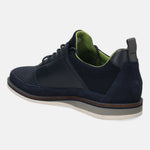 Dark blue casual shoe by bugatti with a green interior, dark sole, and suede detailing.