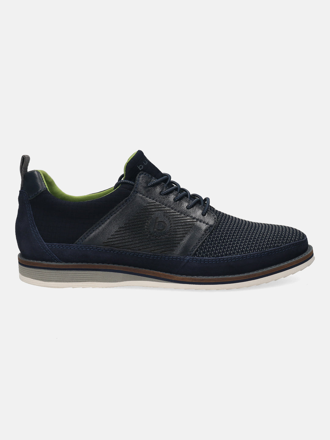 Dark blue casual shoe by bugatti, with textured leather quarter, mesh vamp, and contrasting midsole.