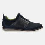 Dark blue casual shoe by bugatti, with textured leather quarter, mesh vamp, and contrasting midsole.