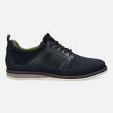 Dark blue casual shoe by bugatti, with textured leather quarter, mesh vamp, and contrasting midsole.