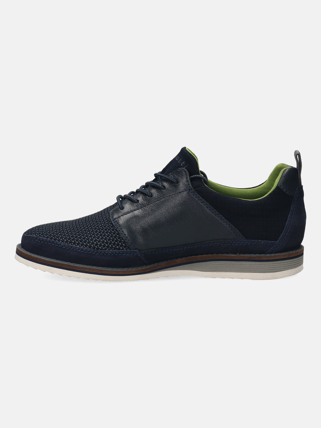 Dark blue casual shoe by bugatti with textured mesh and smooth leather paneling, and a layered sole.