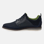 Dark blue casual shoe by bugatti with textured mesh and smooth leather paneling, and a layered sole.