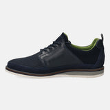 Dark blue casual shoe by bugatti with textured mesh and smooth leather paneling, and a layered sole.